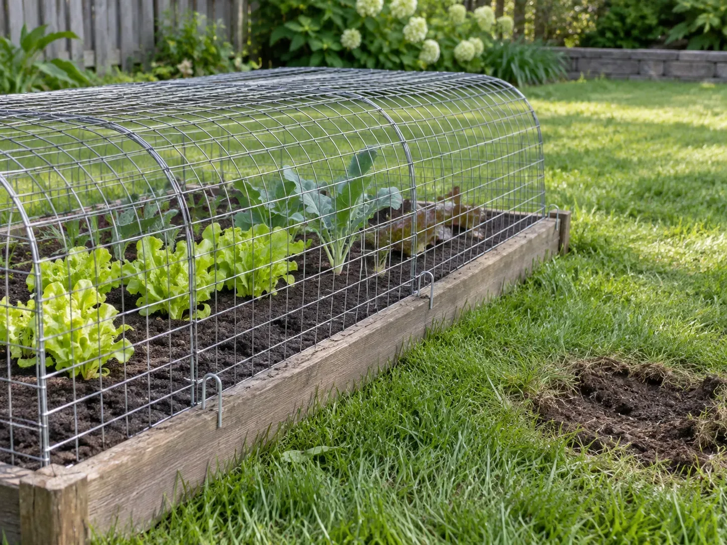 A rigid welded-wire cloche pinned over young vegetable plants to prevent digging