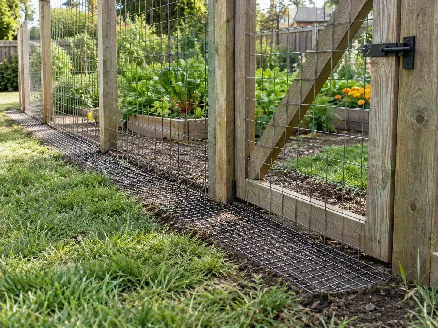Wood posts and wire mesh around a raised vegetable garden, with mesh secured along the ground
