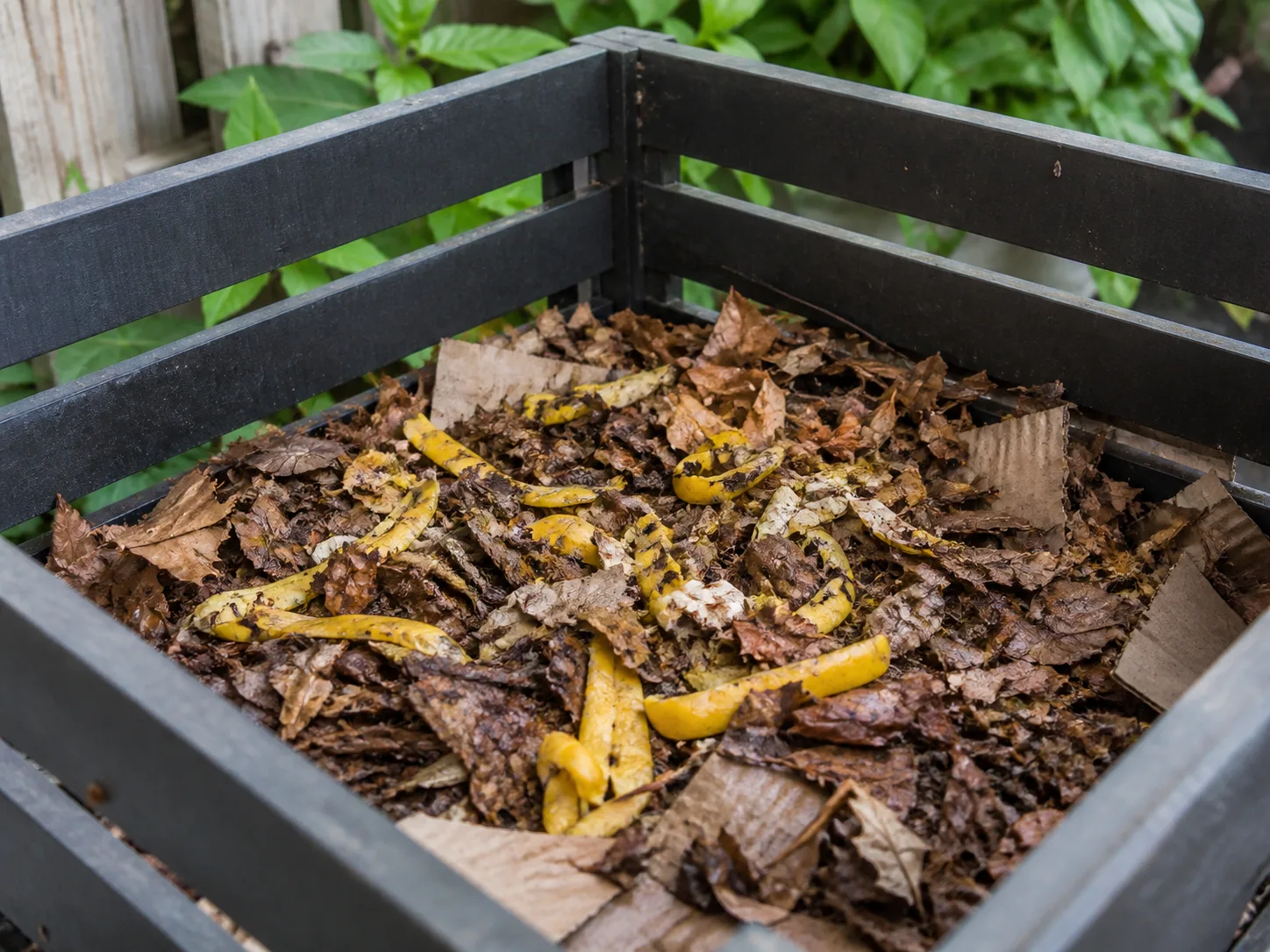 Open backyard compost bin holding leaves and kitchen scraps