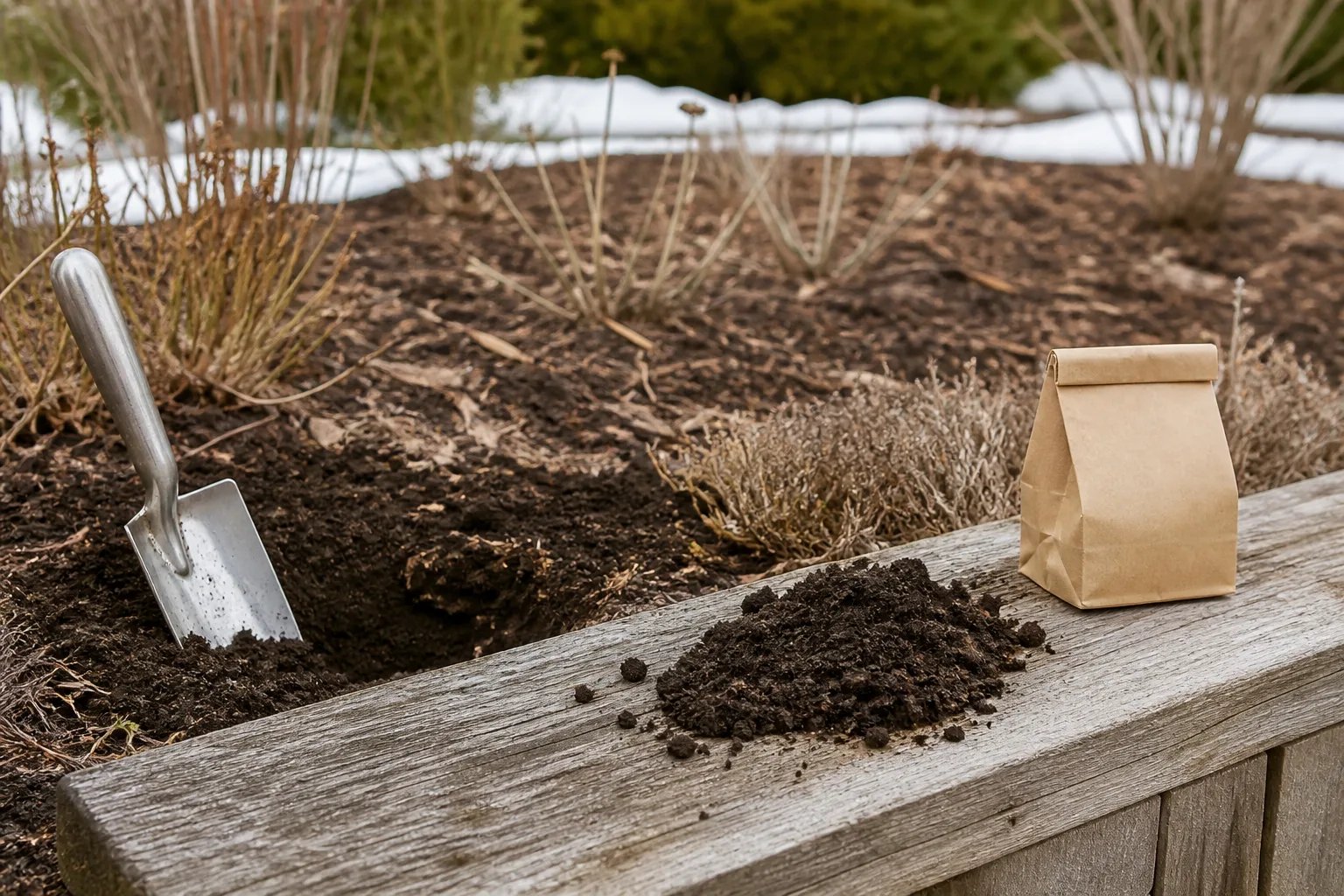 Soil thermometer inserted in a garden bed for spring planting temperature check