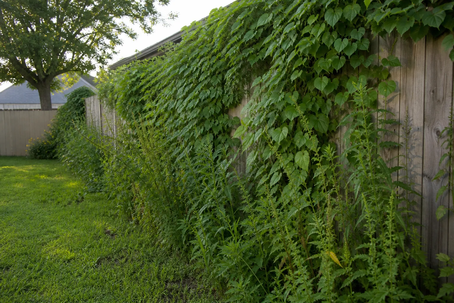 Overgrown vines and weeds spreading along a backyard fence