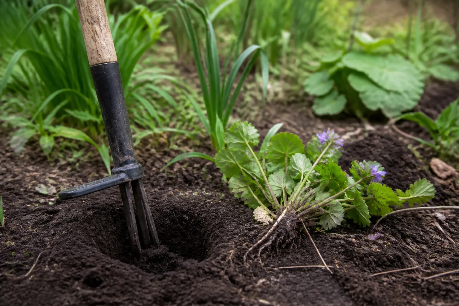Hand fork loosening soil while a weed is removed from a garden bed