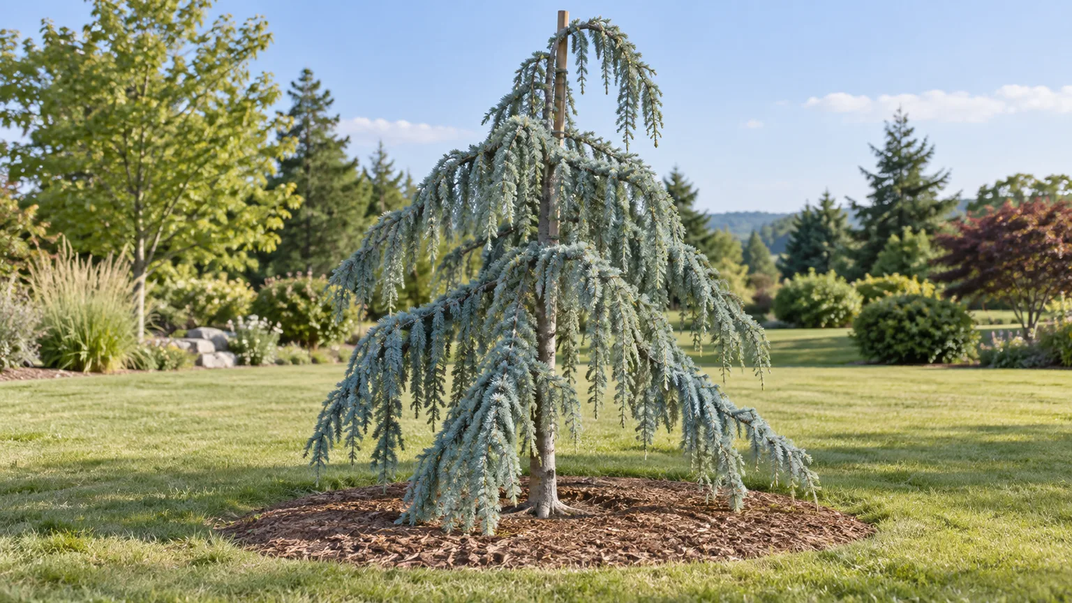 A young weeping Blue Atlas cedar planted in an open sunny site with a broad mulch ring and its root flare visible at soil level