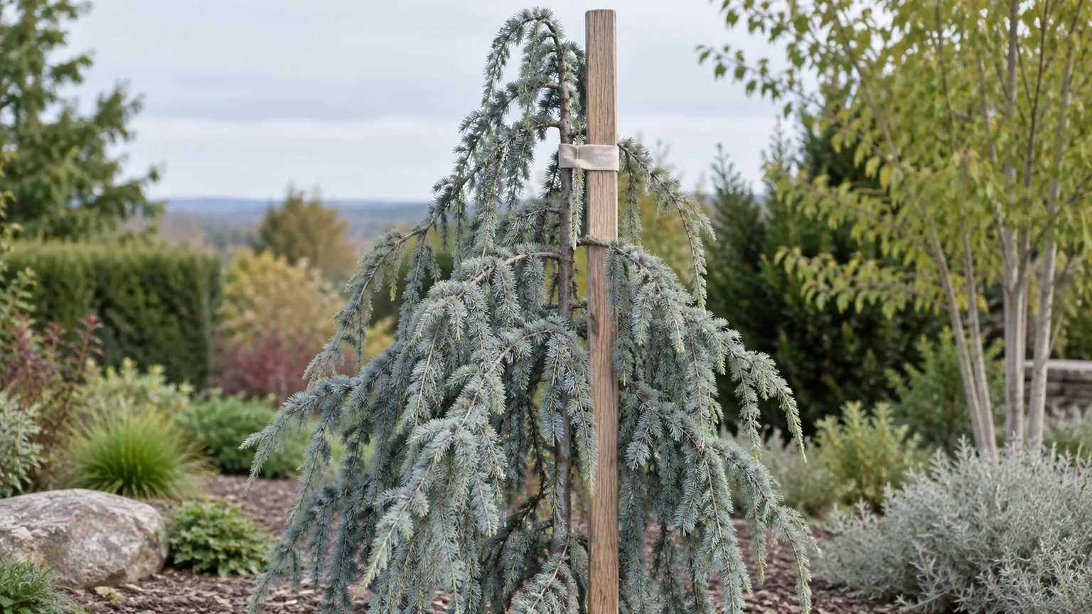 A weeping Blue Atlas cedar leader guided loosely beside a support post, with cascading side branches left free to develop