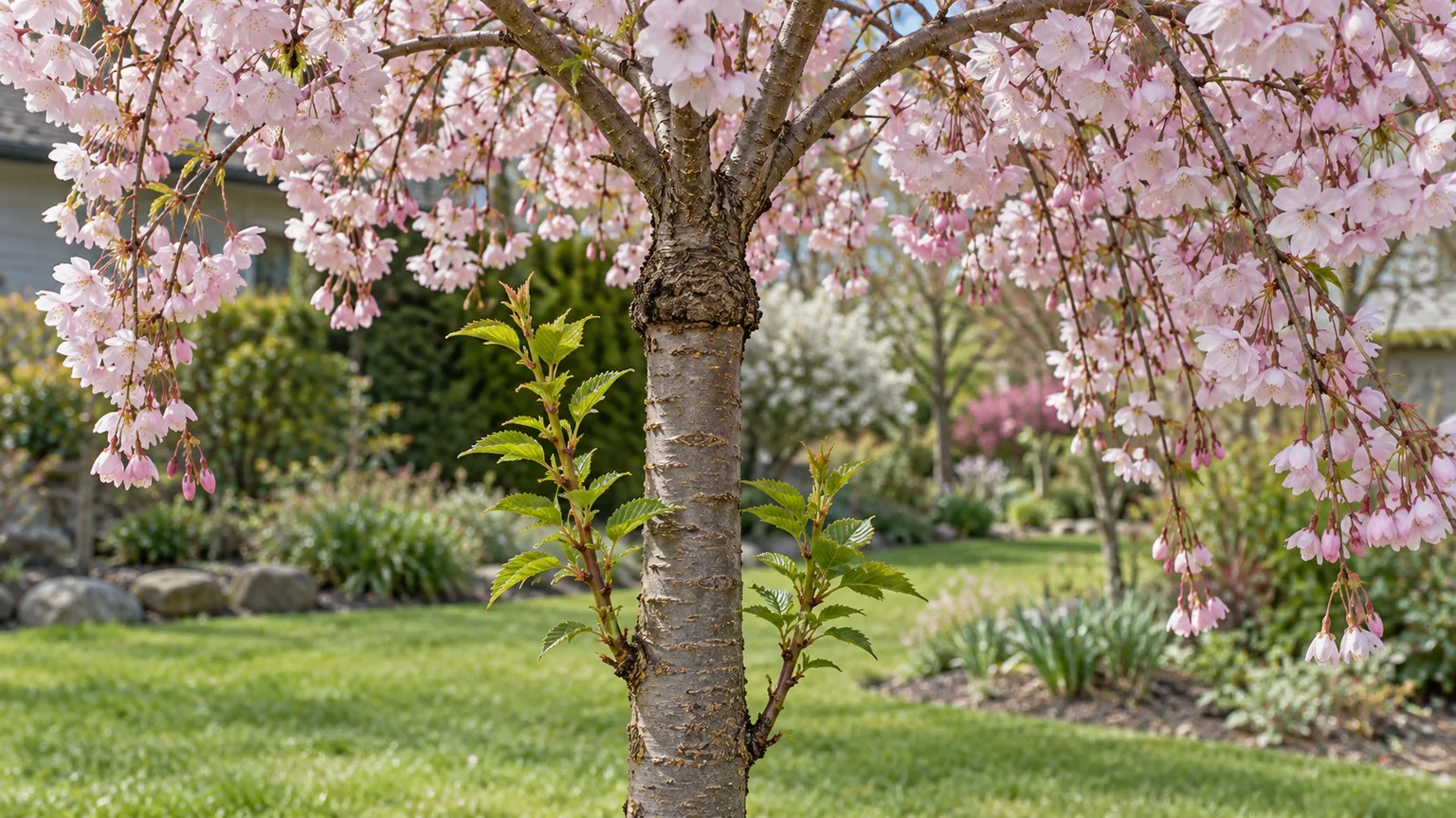 Rootstock shoots emerge below the graft on a weeping cherry tree.