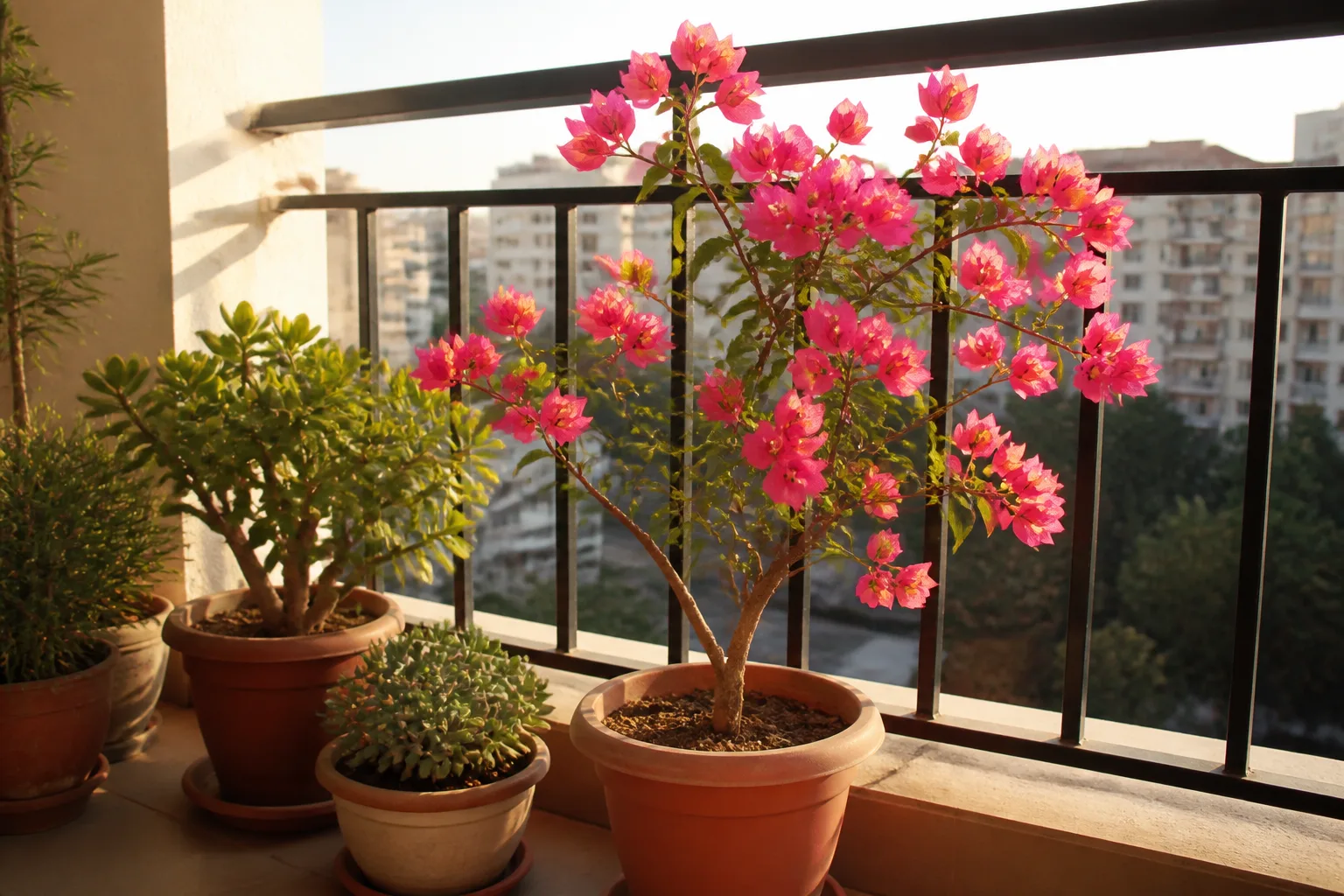 West-facing Indian balcony with heat-tolerant pots and afternoon sun