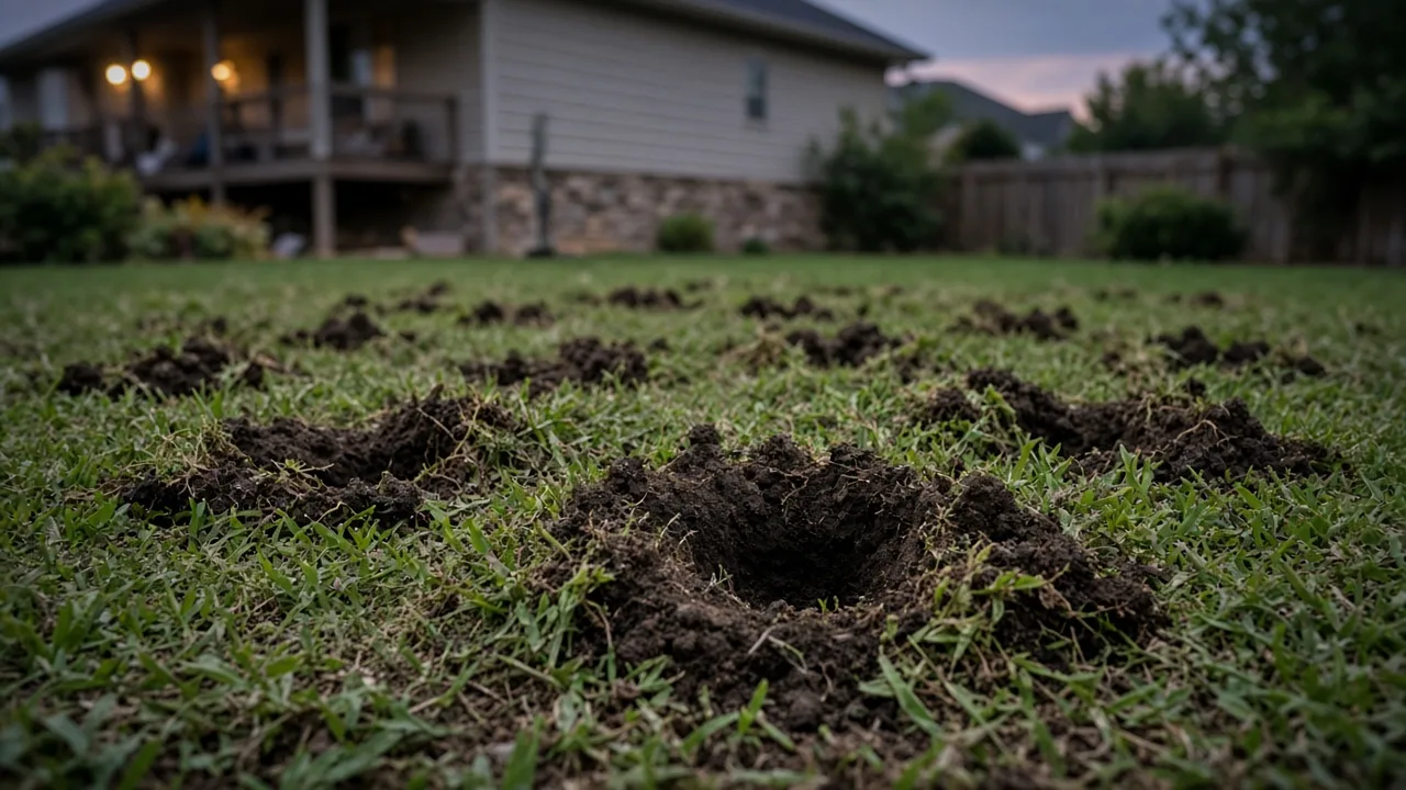 Fresh holes and disturbed soil in a residential lawn being inspected for animal activity