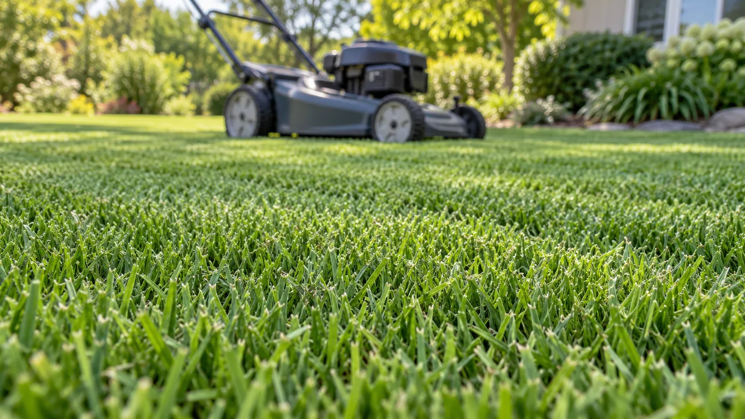 Fine grass fragments settle into the turf after a routine, even mulching cut