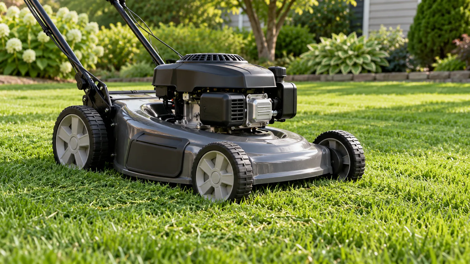 A mulching mower on a lawn with no collection bag and its discharge closed