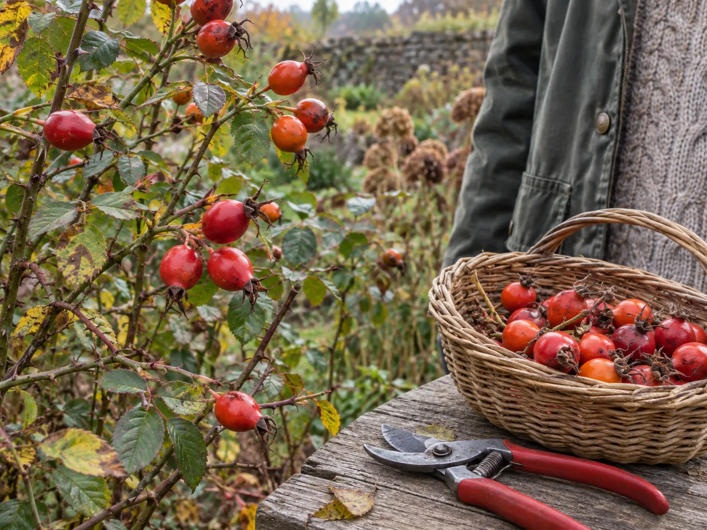 Rose hips left on canes beside pruning shears in autumn