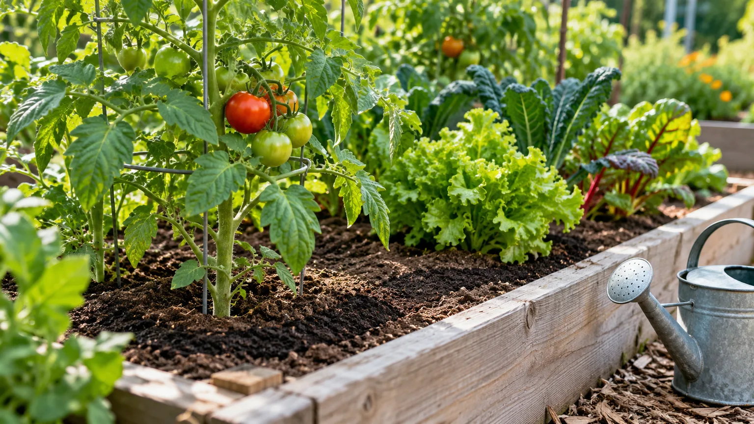A thin layer of worm castings top-dressed around healthy tomato and leafy vegetable plants