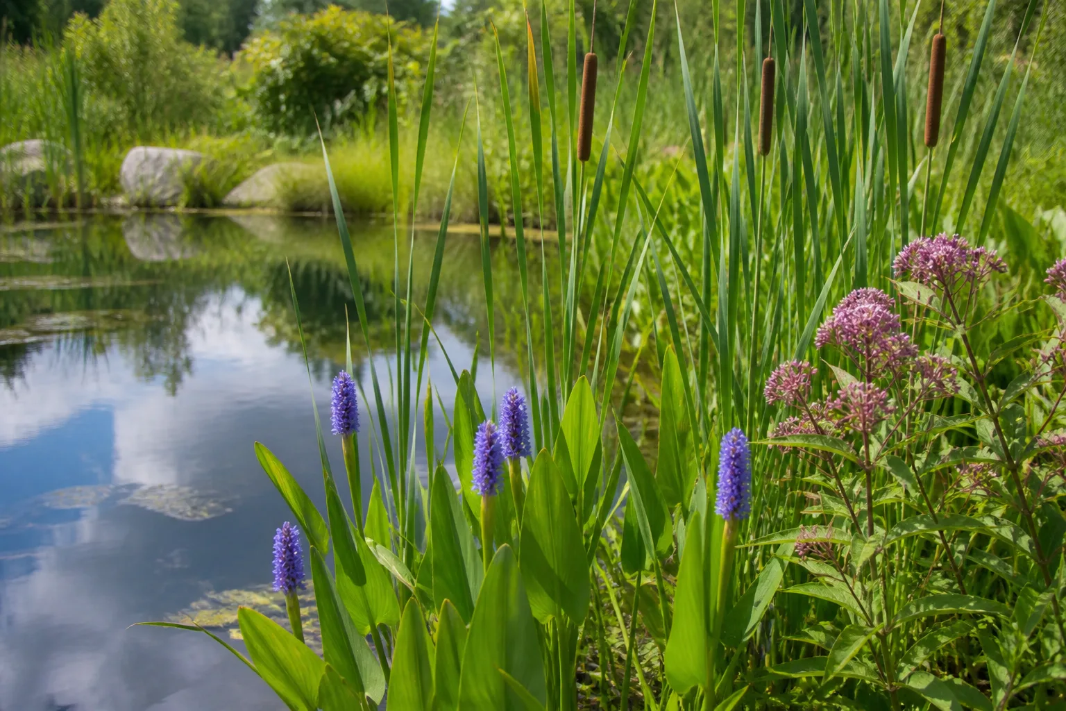 Pickerelweed, cattails, and swamp milkweed growing at a natural pond shoreline