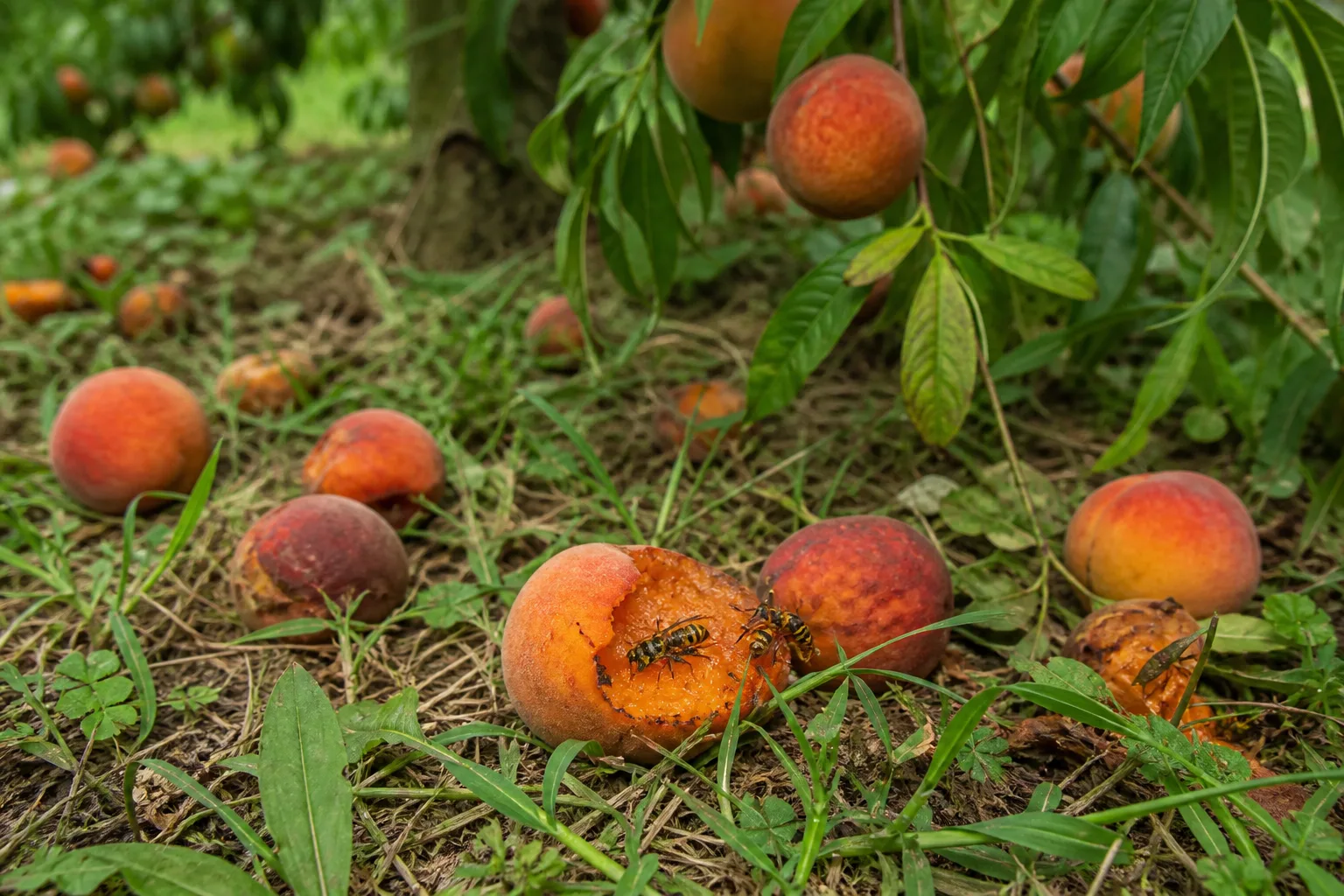 Fallen apples and ripe fruit on the ground beside a backyard compost area near garden beds