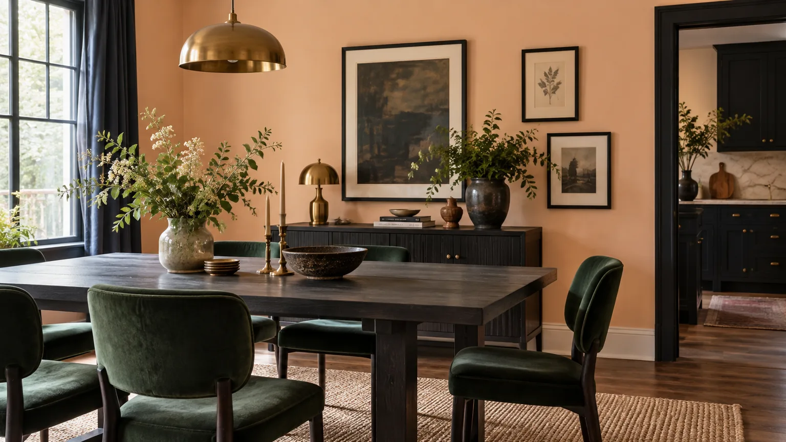 Peach dining room grounded with charcoal furniture, forest-green chairs, and restrained brass accents