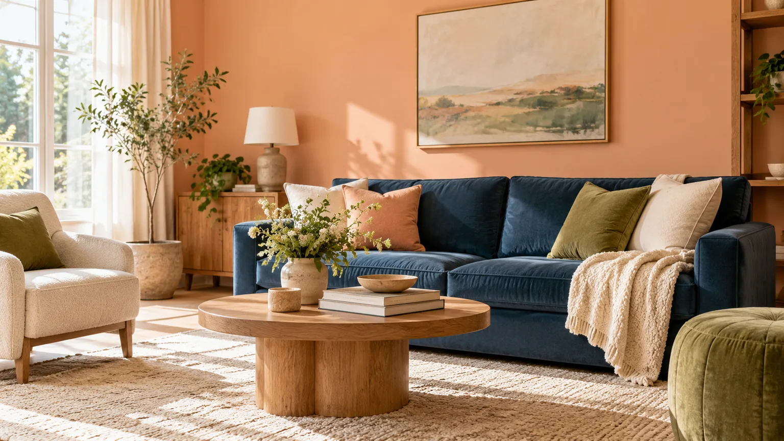 Peach living room with navy upholstery, olive accents, cream textiles, and oak furniture