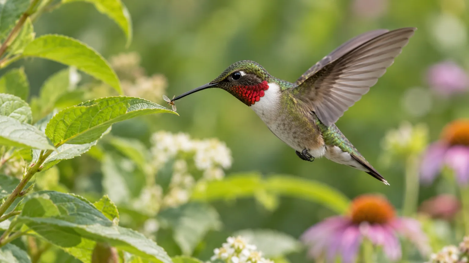 A hummingbird catching a small insect, illustrating why nectar flowers are only one part of a useful backyard habitat.