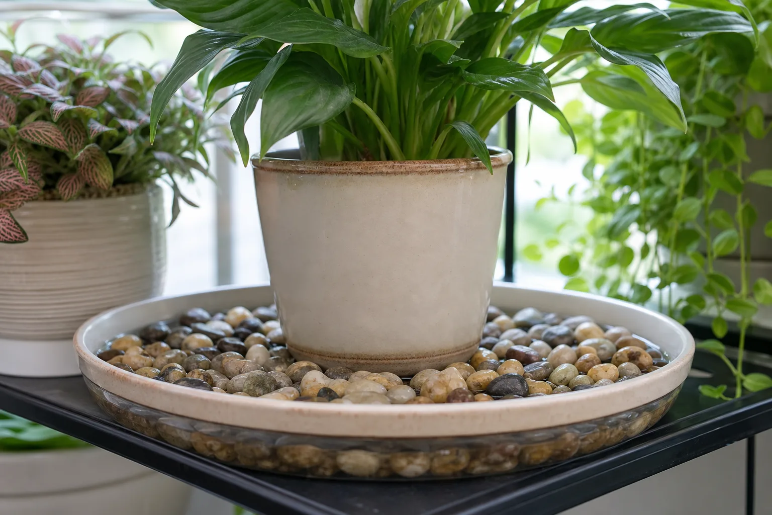 Houseplant pot resting above the waterline on pebbles in a shallow humidity tray