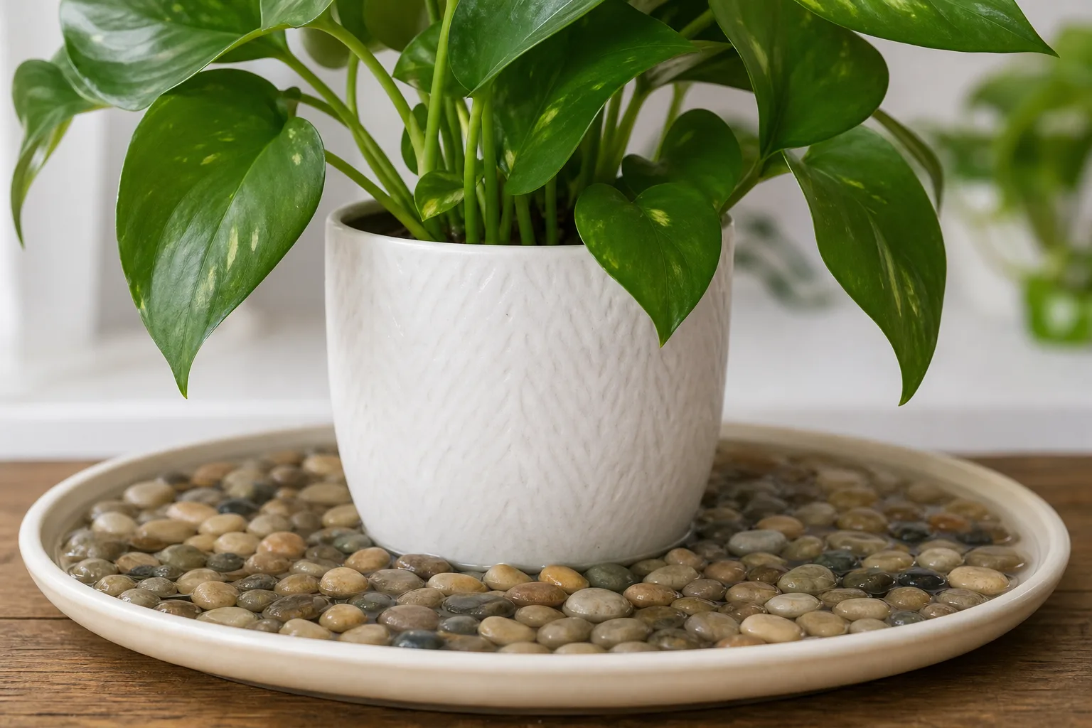 Pebble tray with a houseplant pot held above the waterline
