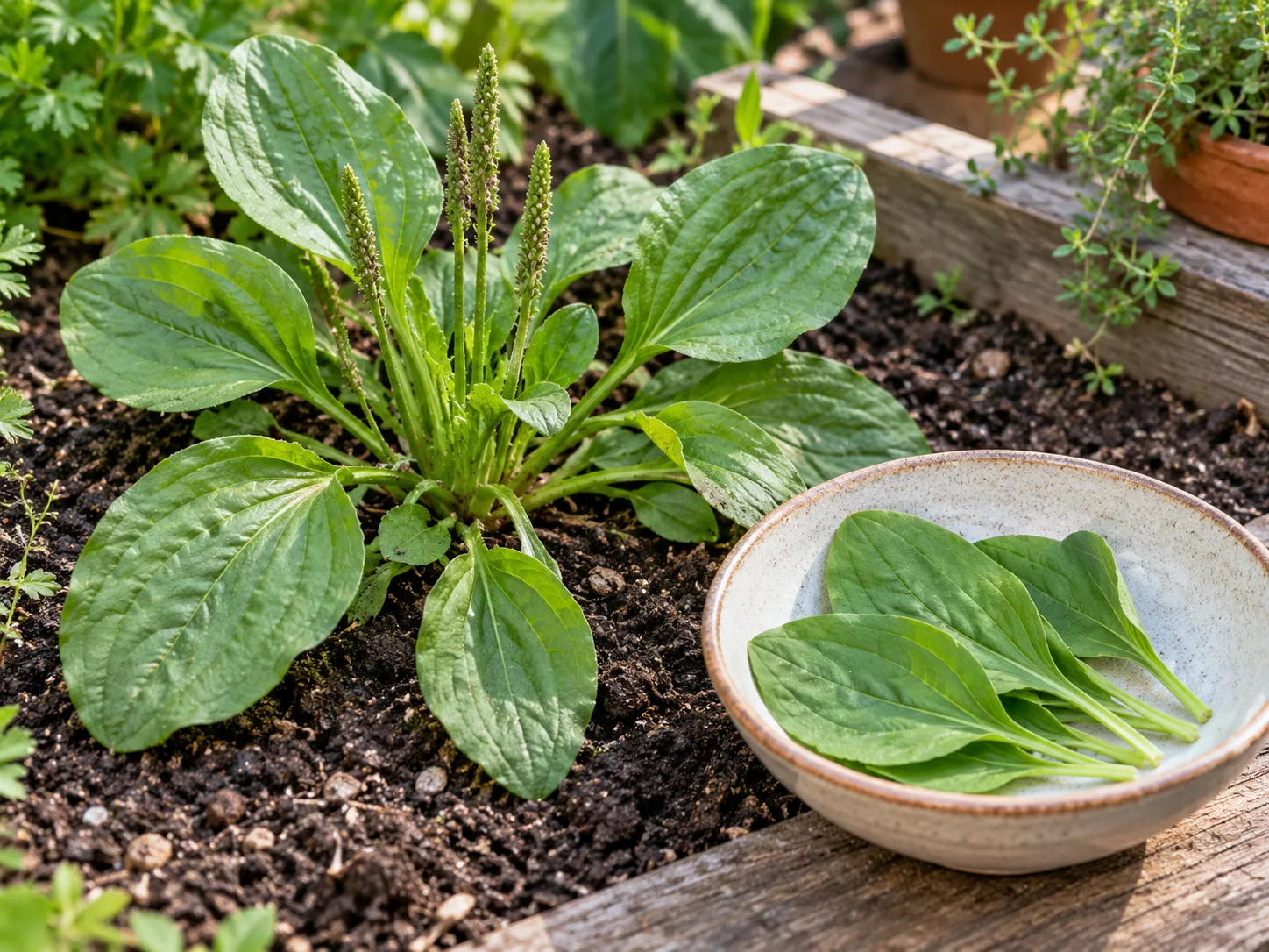 A few young broadleaf plantain leaves beside the intact rosette in a garden patch
