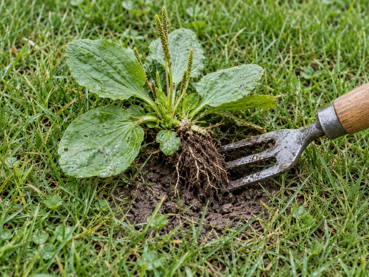 A narrow weeding fork positioned beside a lawn rosette to loosen the crown in moist soil