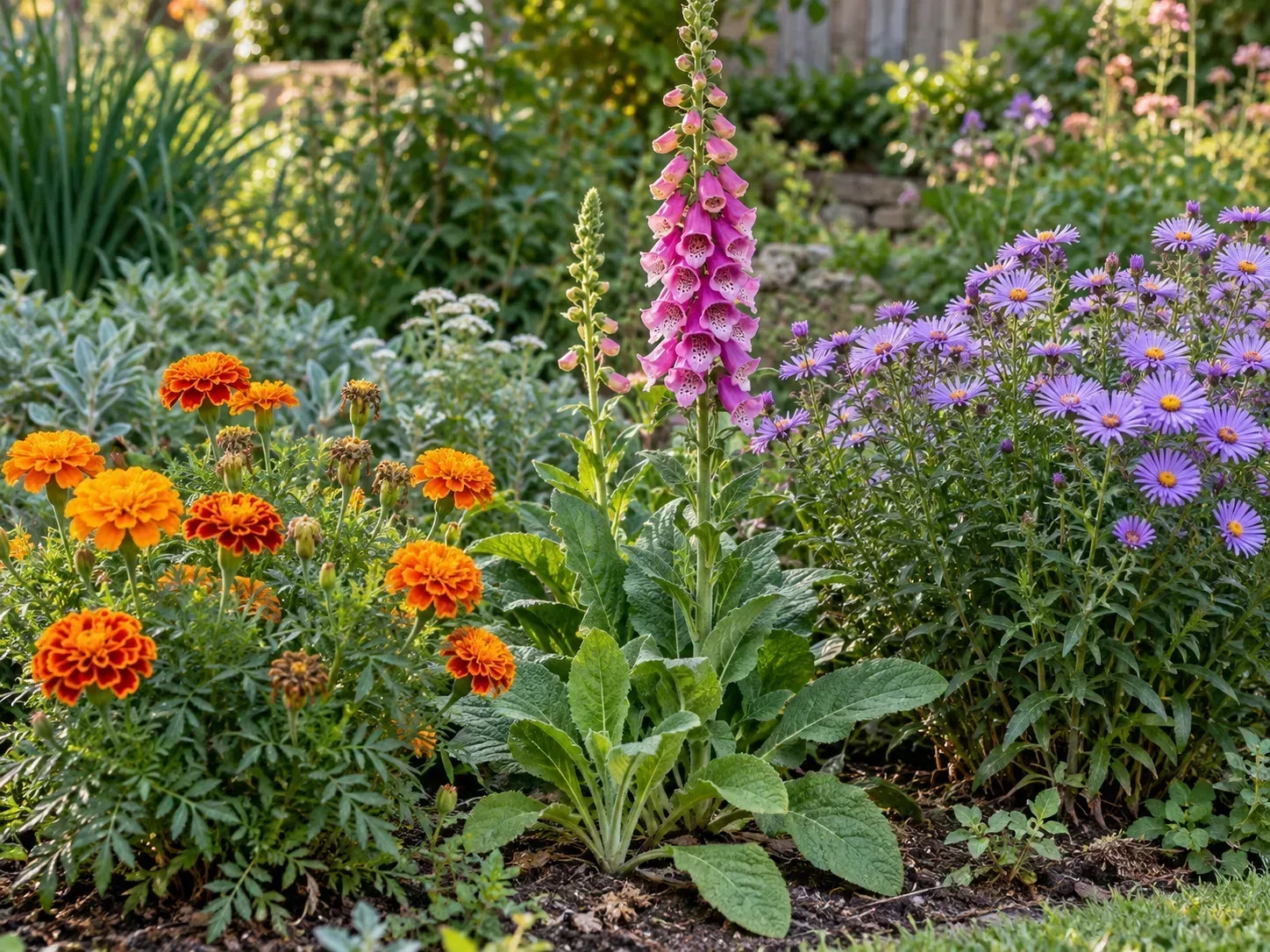 Mixed garden border with annual marigolds, biennial foxgloves, and perennial asters