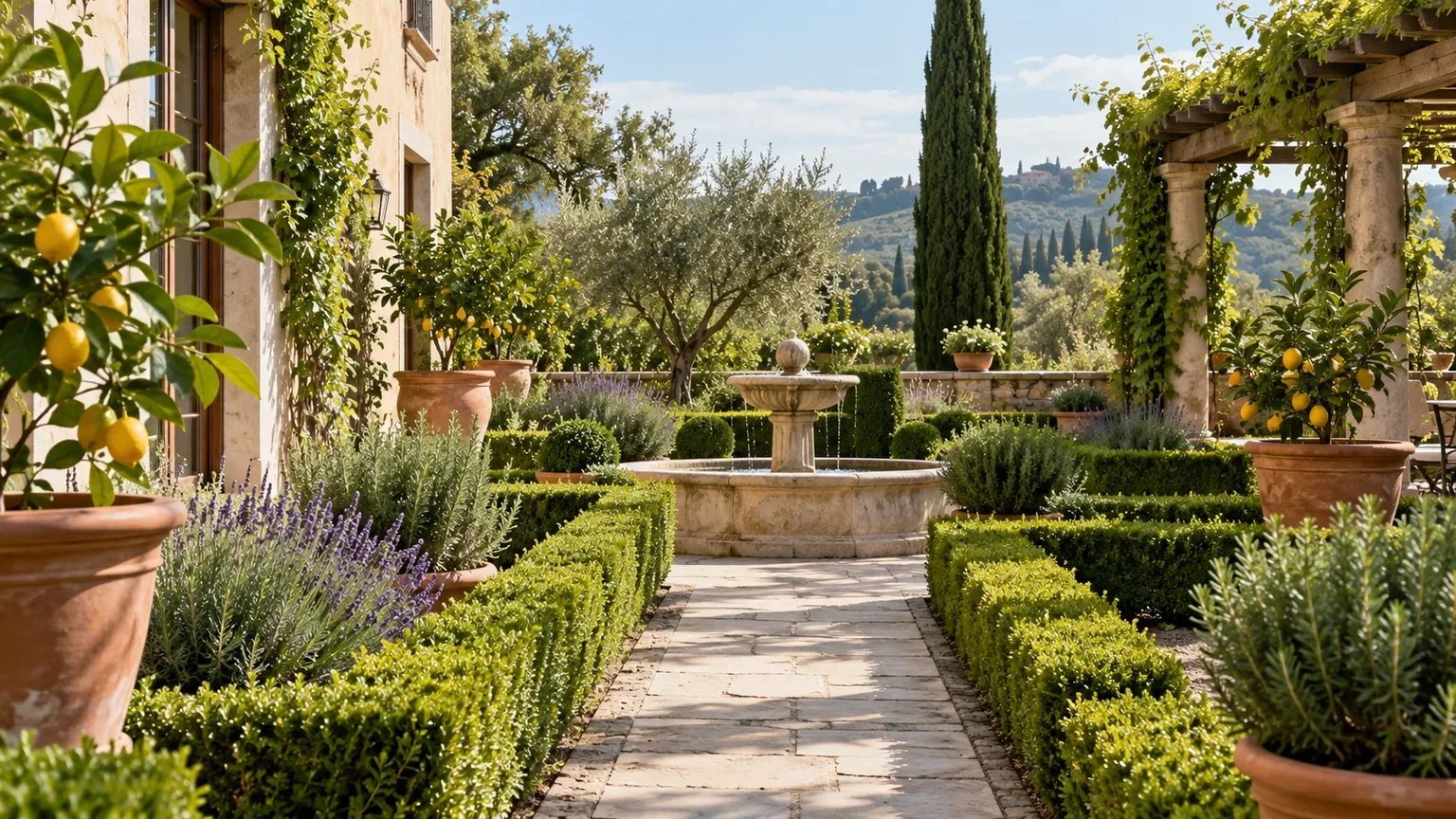 Italianate courtyard garden with clipped hedges, terracotta citrus pots, a stone fountain, and a central path