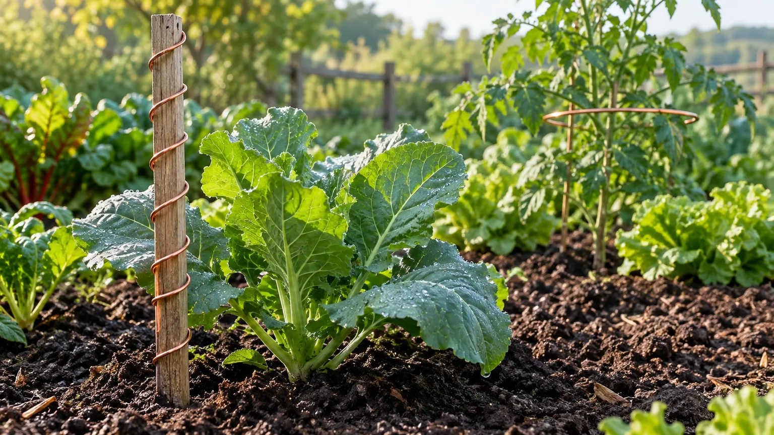 A copper-wire spiral stake beside leafy vegetables in a backyard garden bed