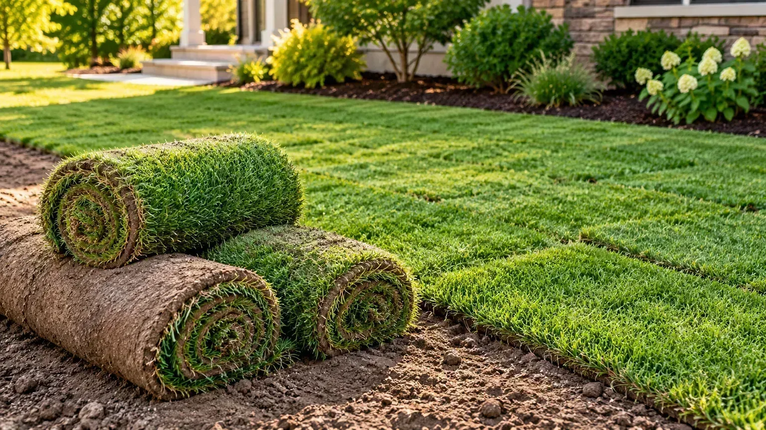 Rolls of fresh sod beside a newly laid lawn in a backyard