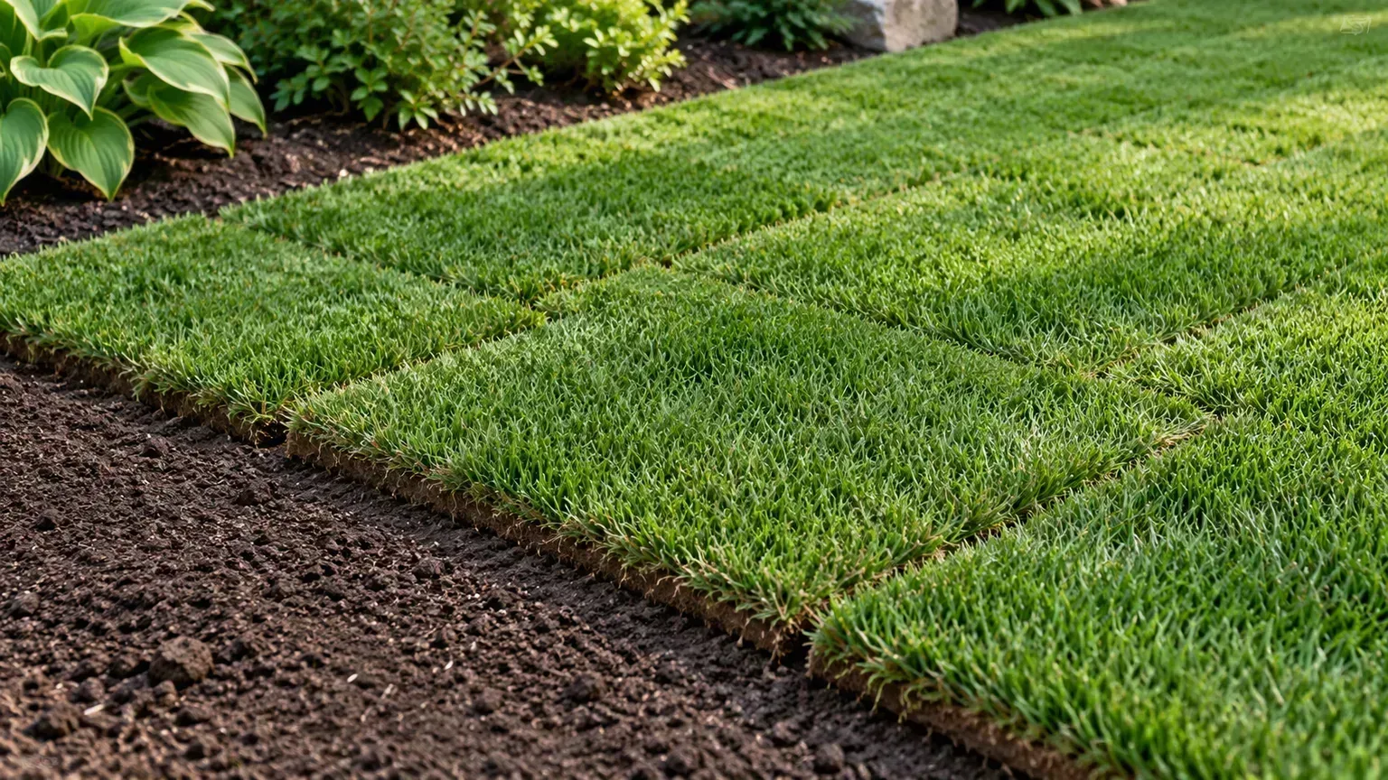 Fresh sod laid in strips beside prepared soil, showing the immediate-cover alternative to seeded establishment