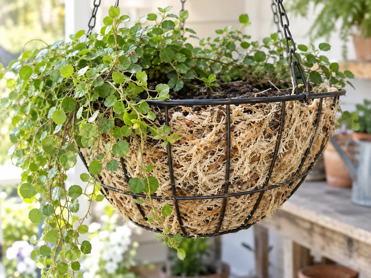 A hanging basket lined with pale sphagnum fibers beneath a trailing plant