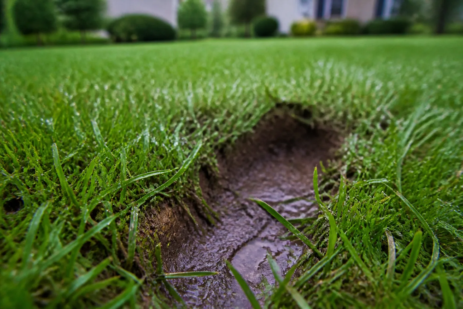 Close view of water pooled in a lawn rut after heavy rain, a clue that soil may be compacted