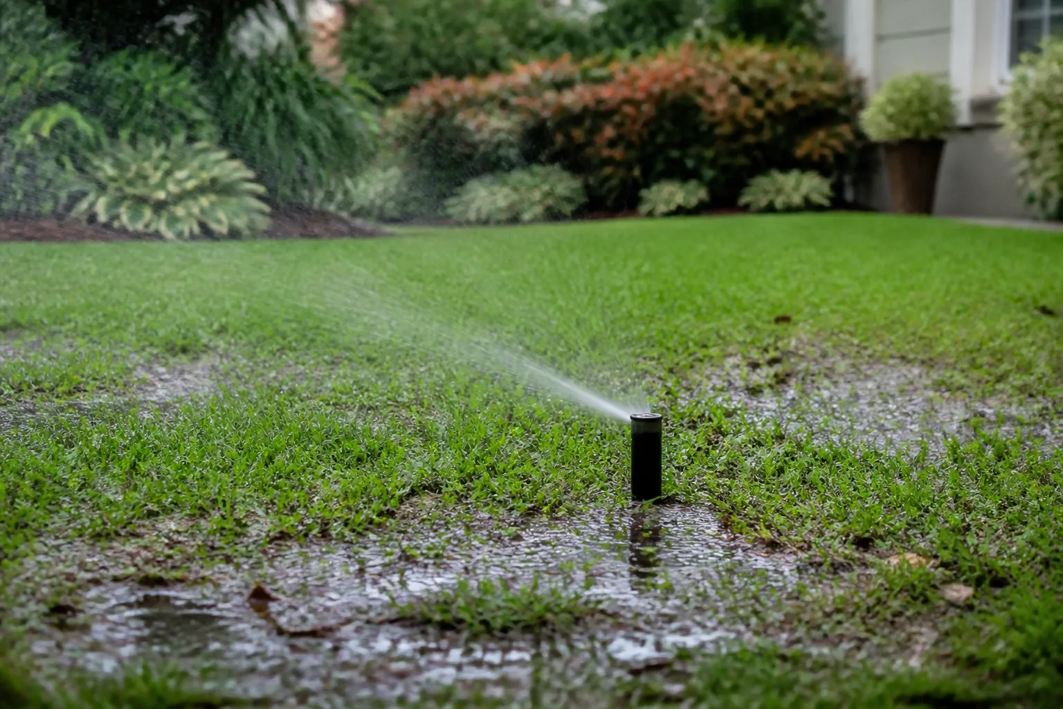 A saturated lawn with a running sprinkler illustrates why water movement should be diagnosed before choosing grass or other ground cover.