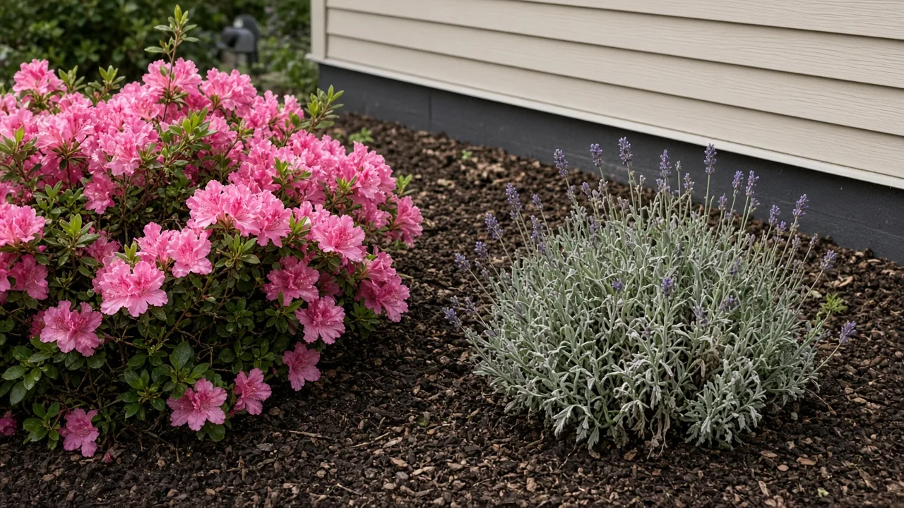 Pink azaleas flowering in a foundation bed beside a home