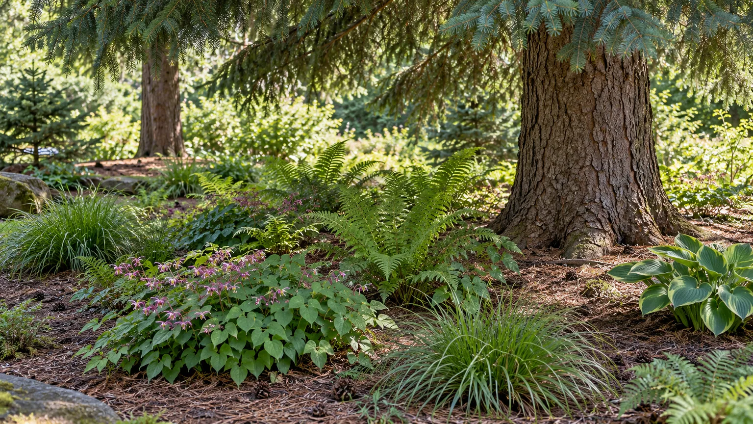 A shaded garden bed with ferns, sedge, barrenwort, and hosta beneath evergreen branches