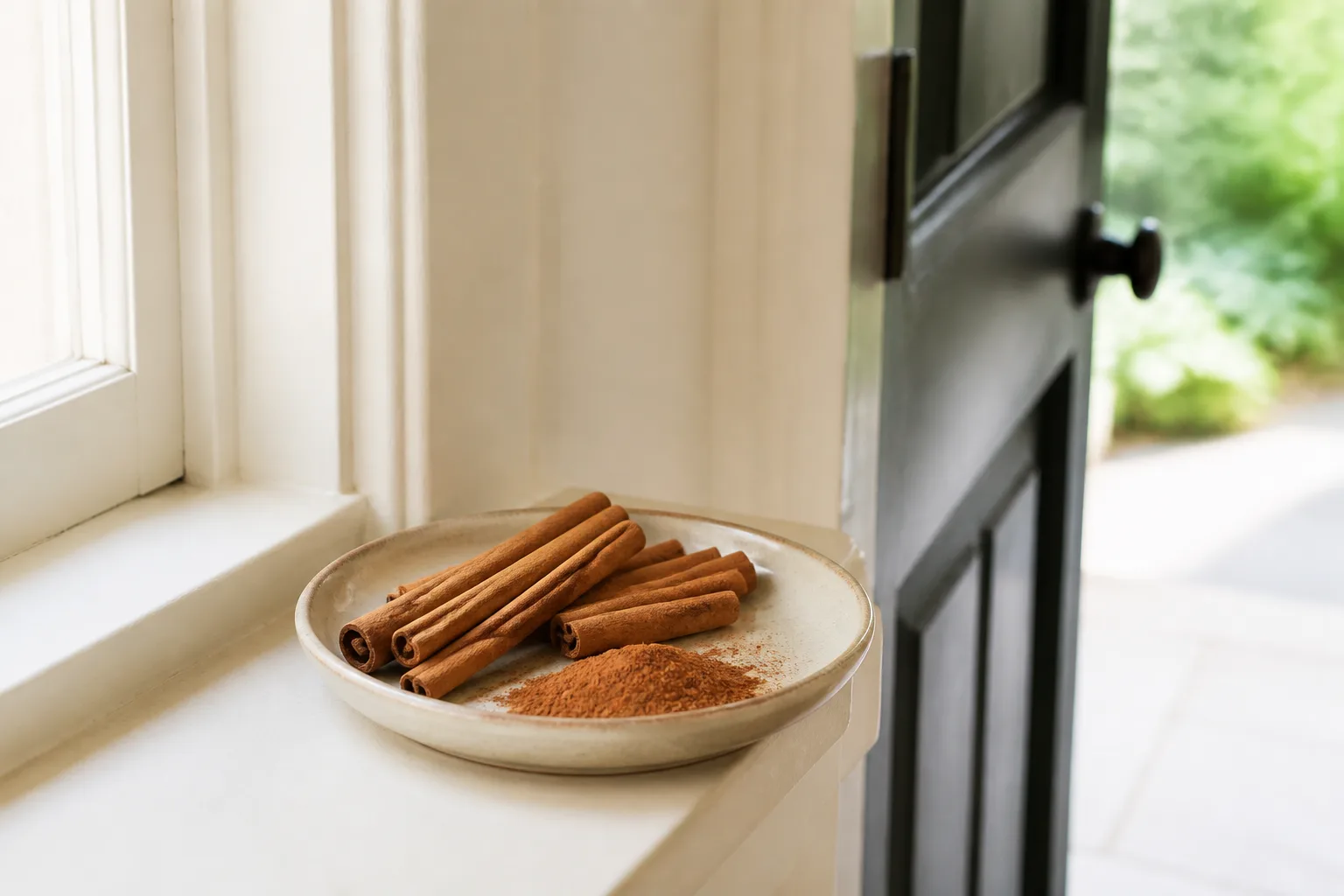 Cinnamon sticks and ground cinnamon arranged on a dish in soft daylight