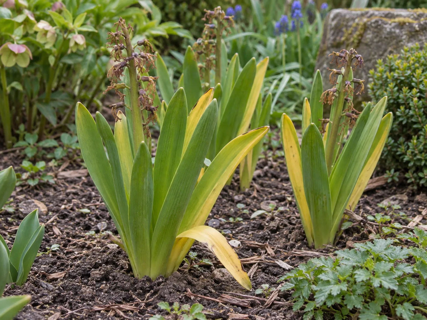 Faded hyacinth foliage continuing to store energy after the flowers finish