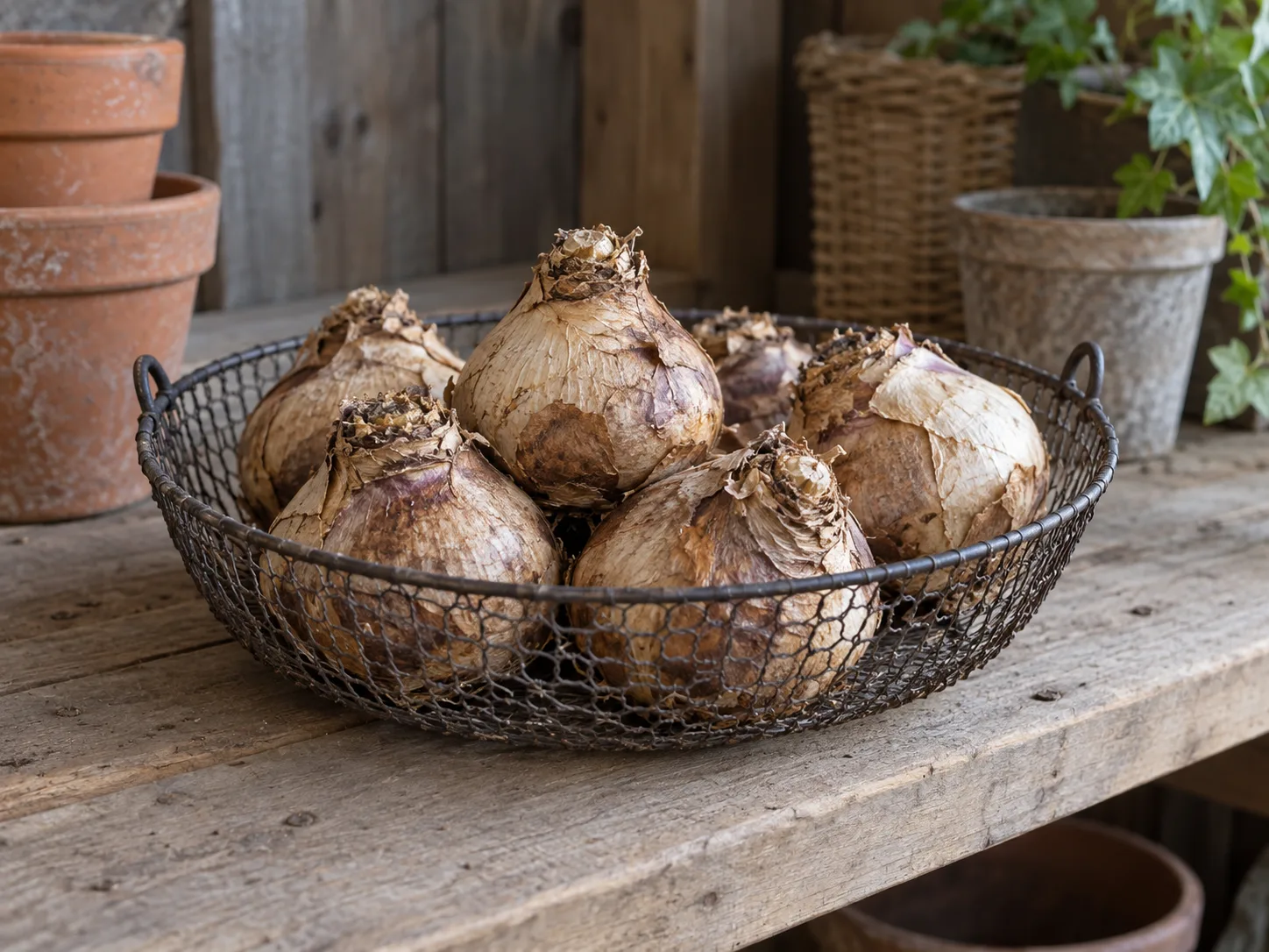 Dormant bulbs stored loose in an airy basket in a cool, dry place