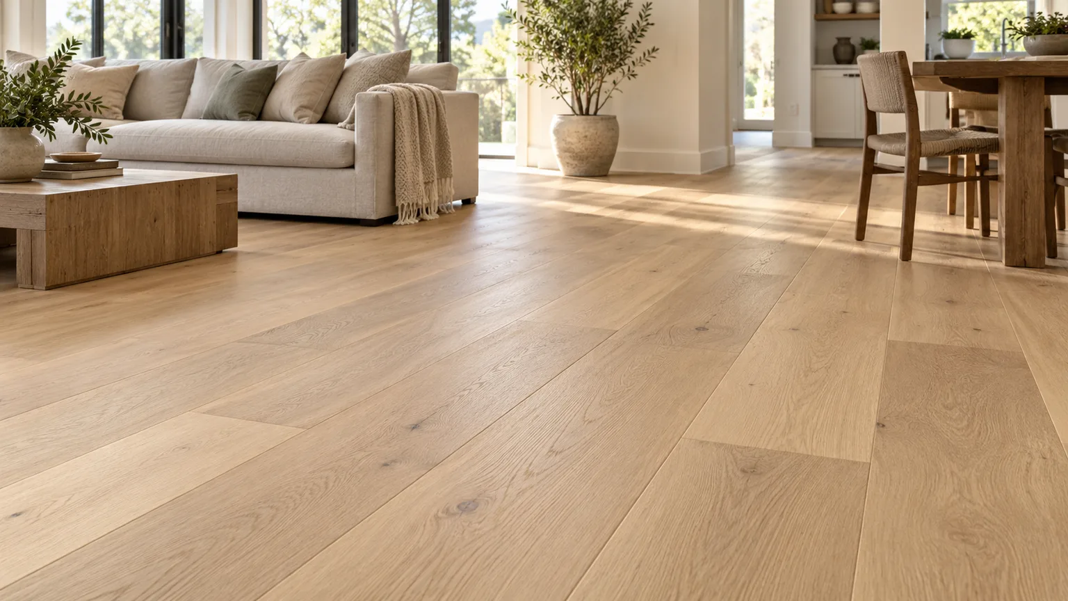 Wide-plank white oak flooring in a bright, modern living and dining room