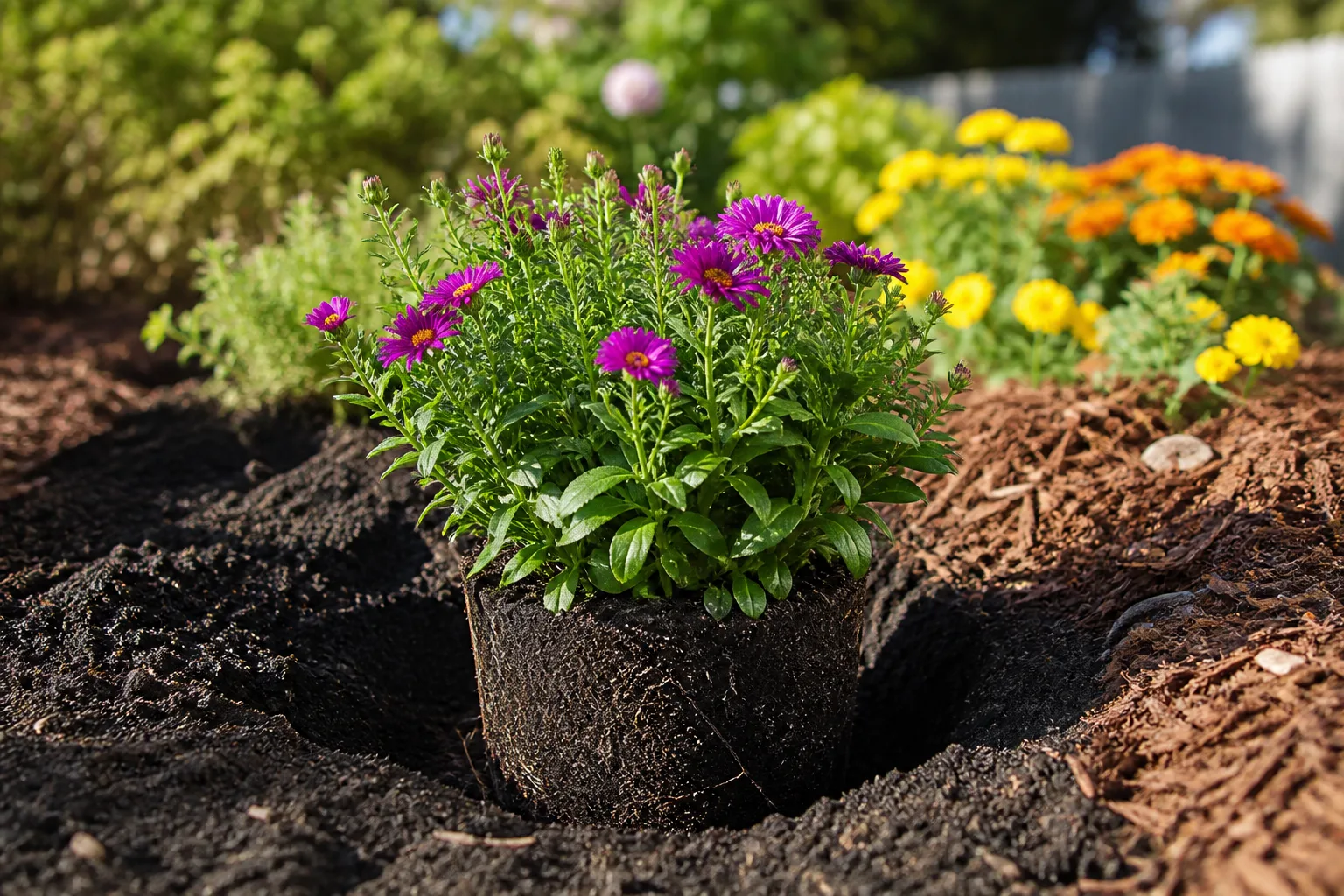 Prepared garden bed ready for a late-summer perennial transplant