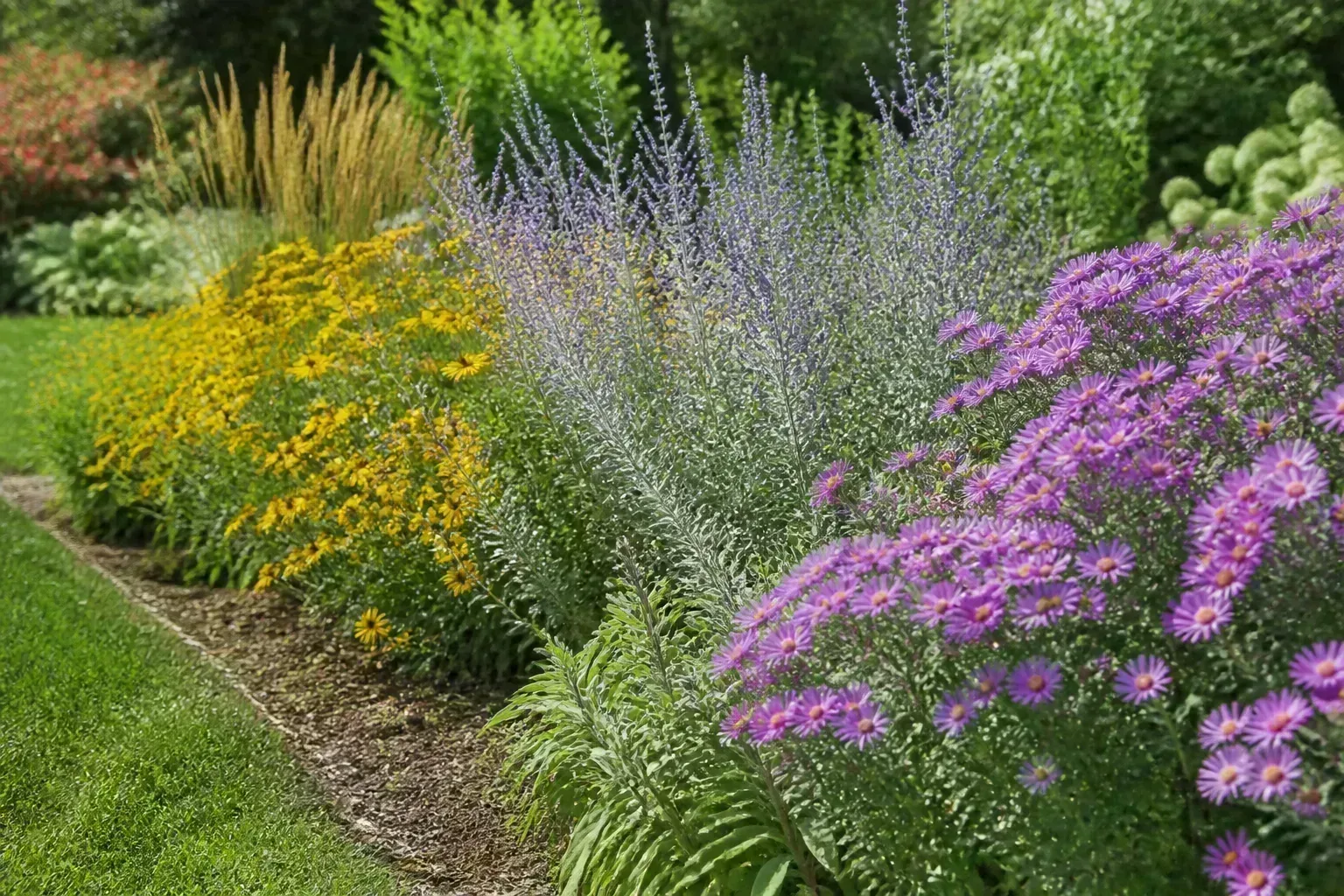 Layered sunny flower bed with purple asters, yellow flowers, silver foliage, and ornamental grass