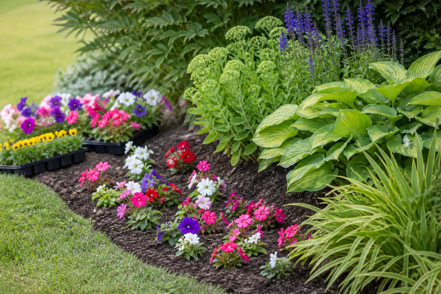 Colorful annual flowers growing beside established perennial foliage in a mixed garden border
