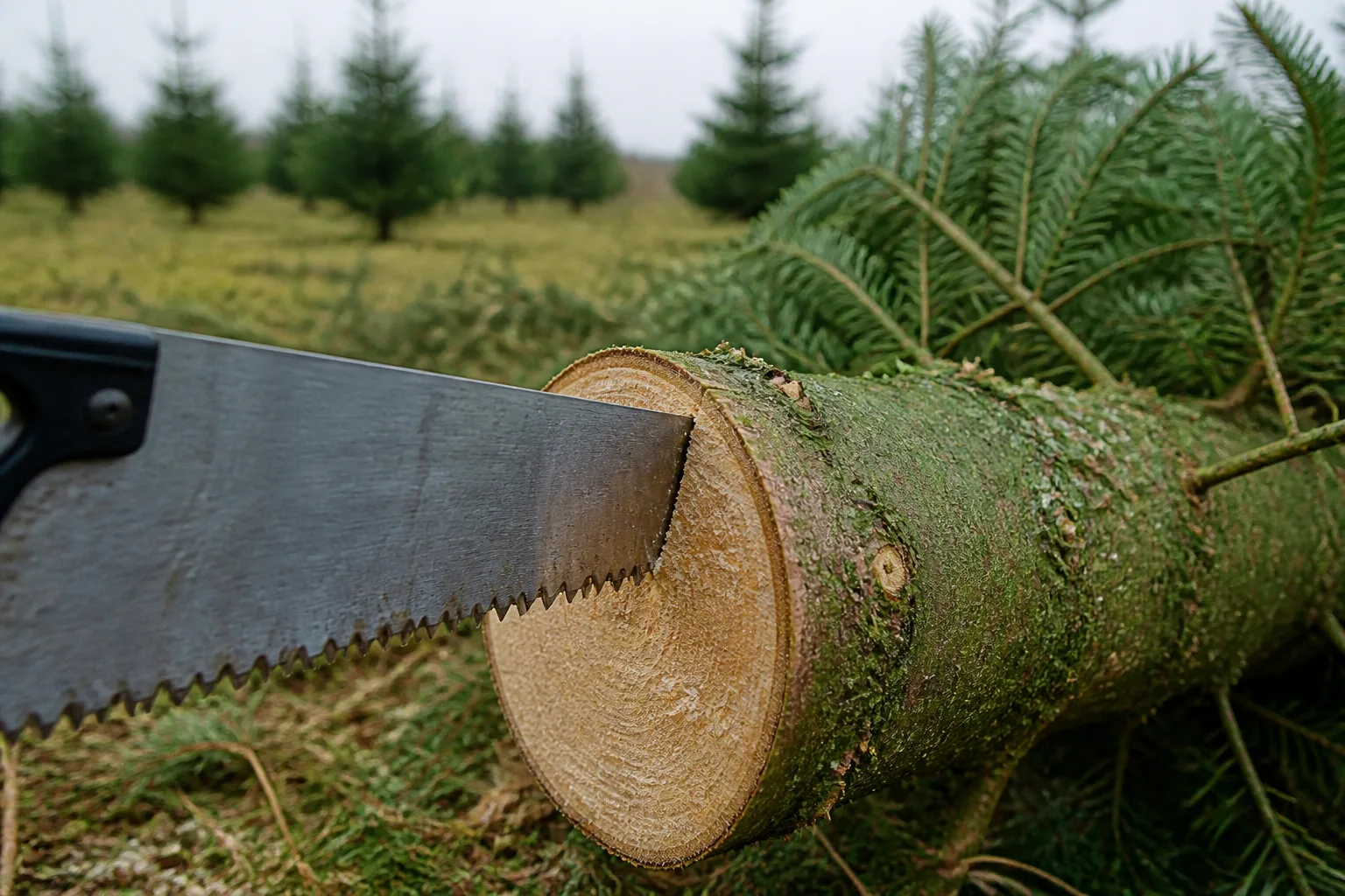 A cut Christmas tree trunk being prepared with a clean saw cut
