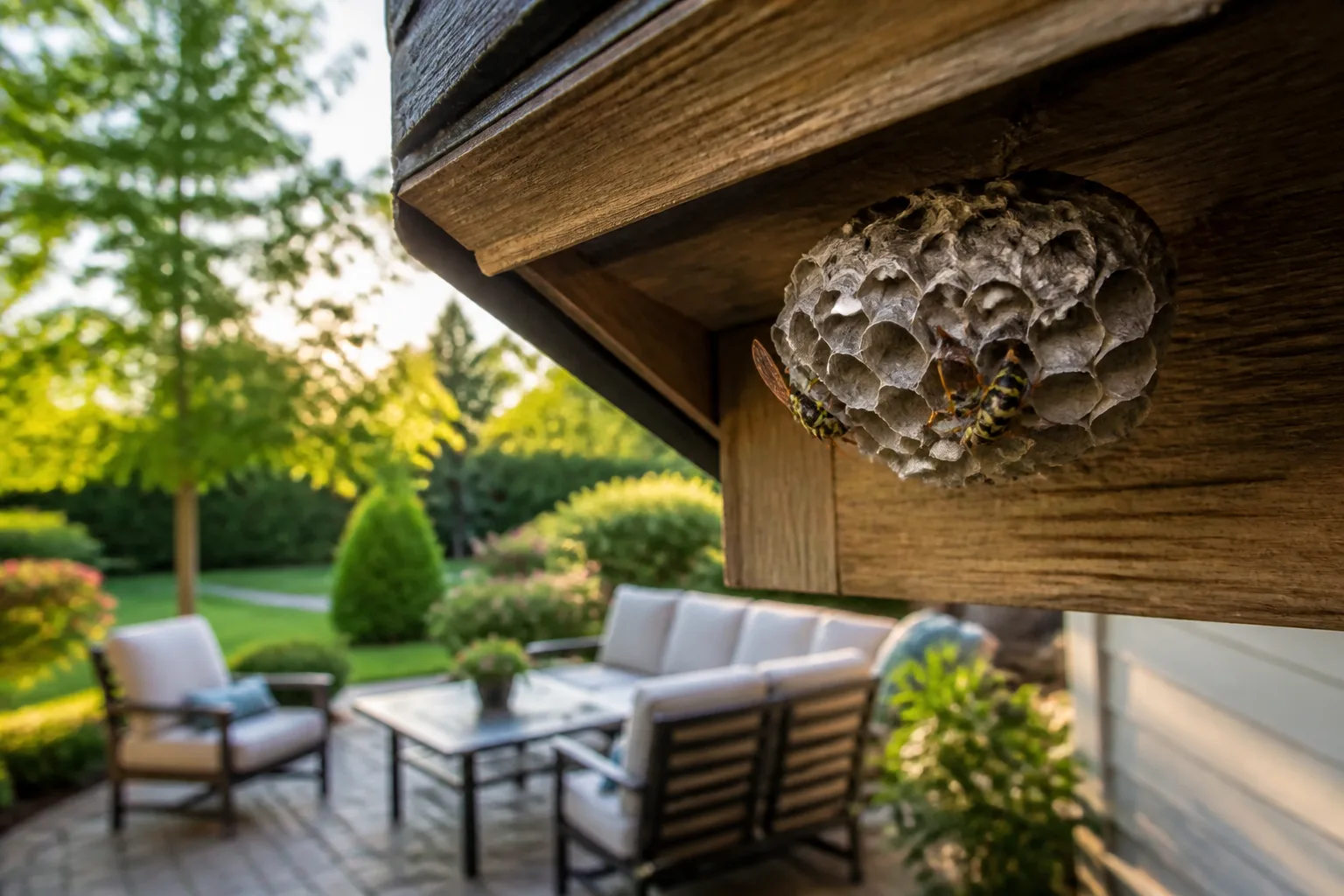Exposed paper wasp nest under an outdoor eave