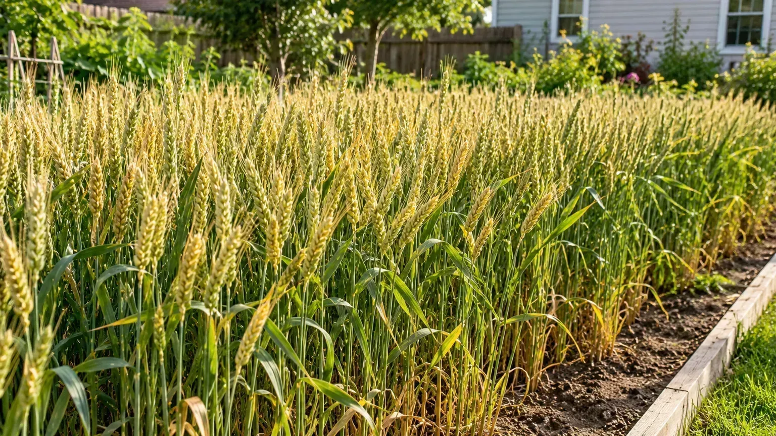 Mature wheat growing in closely spaced rows in a sunny backyard garden