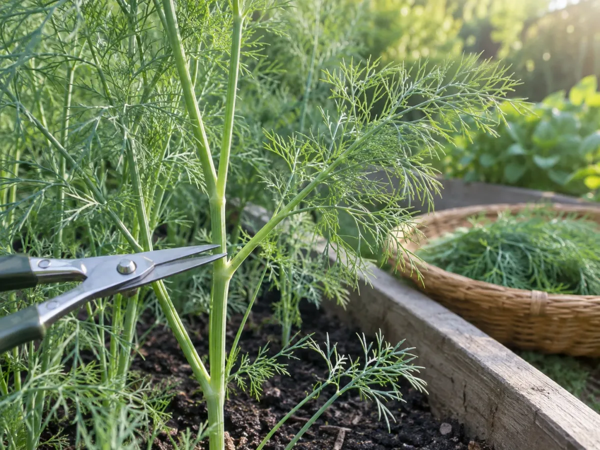 Garden snips positioned beside a leafy dill stem junction for a selective cut