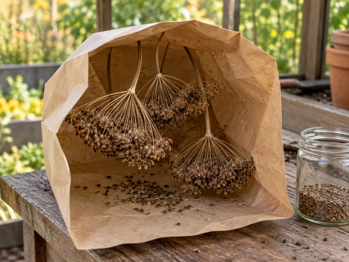 Dry dill seed heads collected in a paper bag before storage