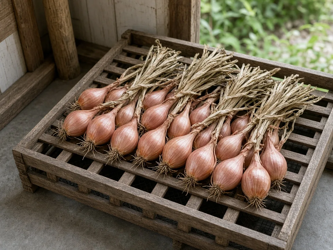 Freshly harvested shallots curing on a ventilated wooden rack