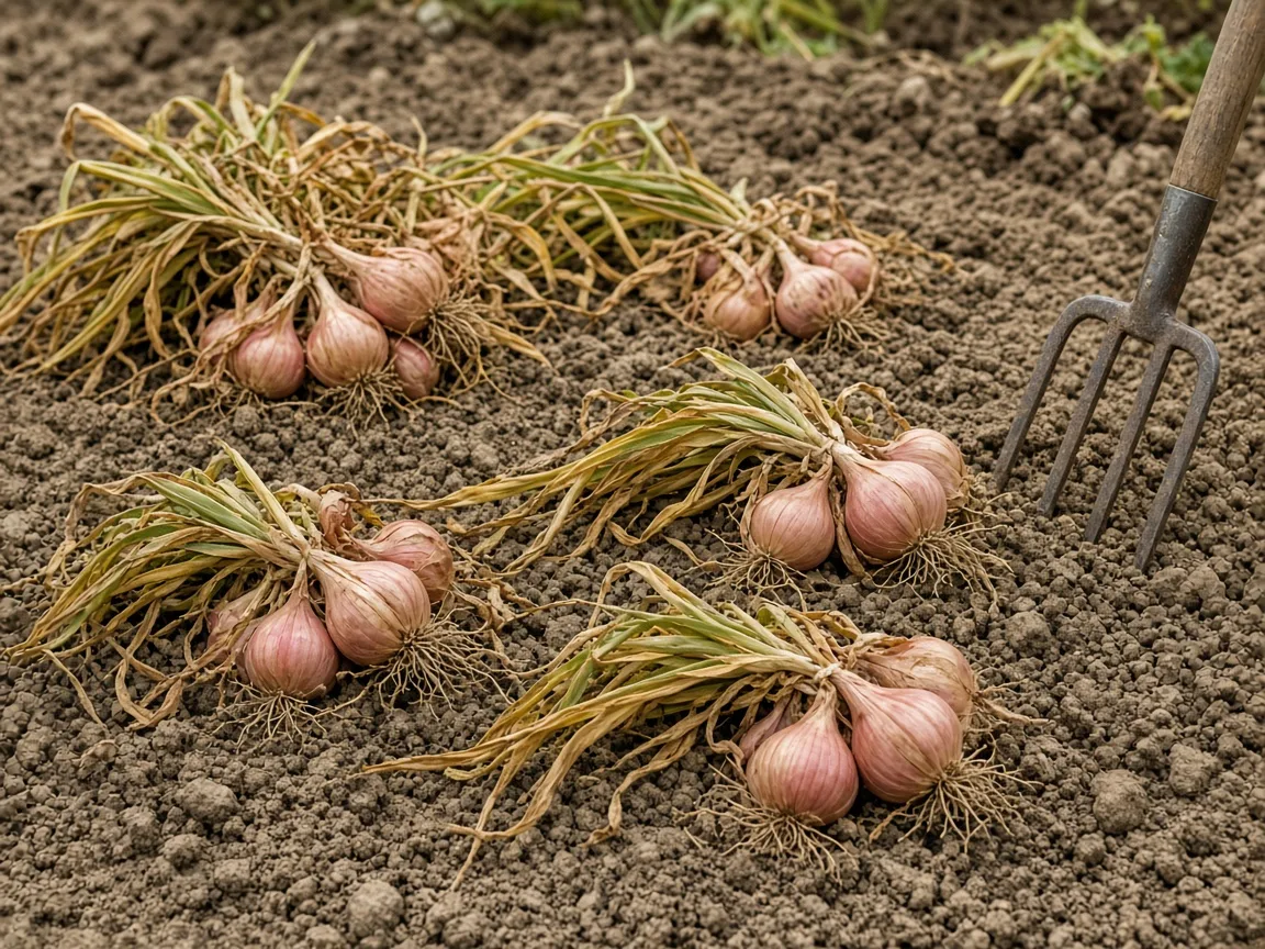 Shallot clusters lifted from the garden with a hand fork