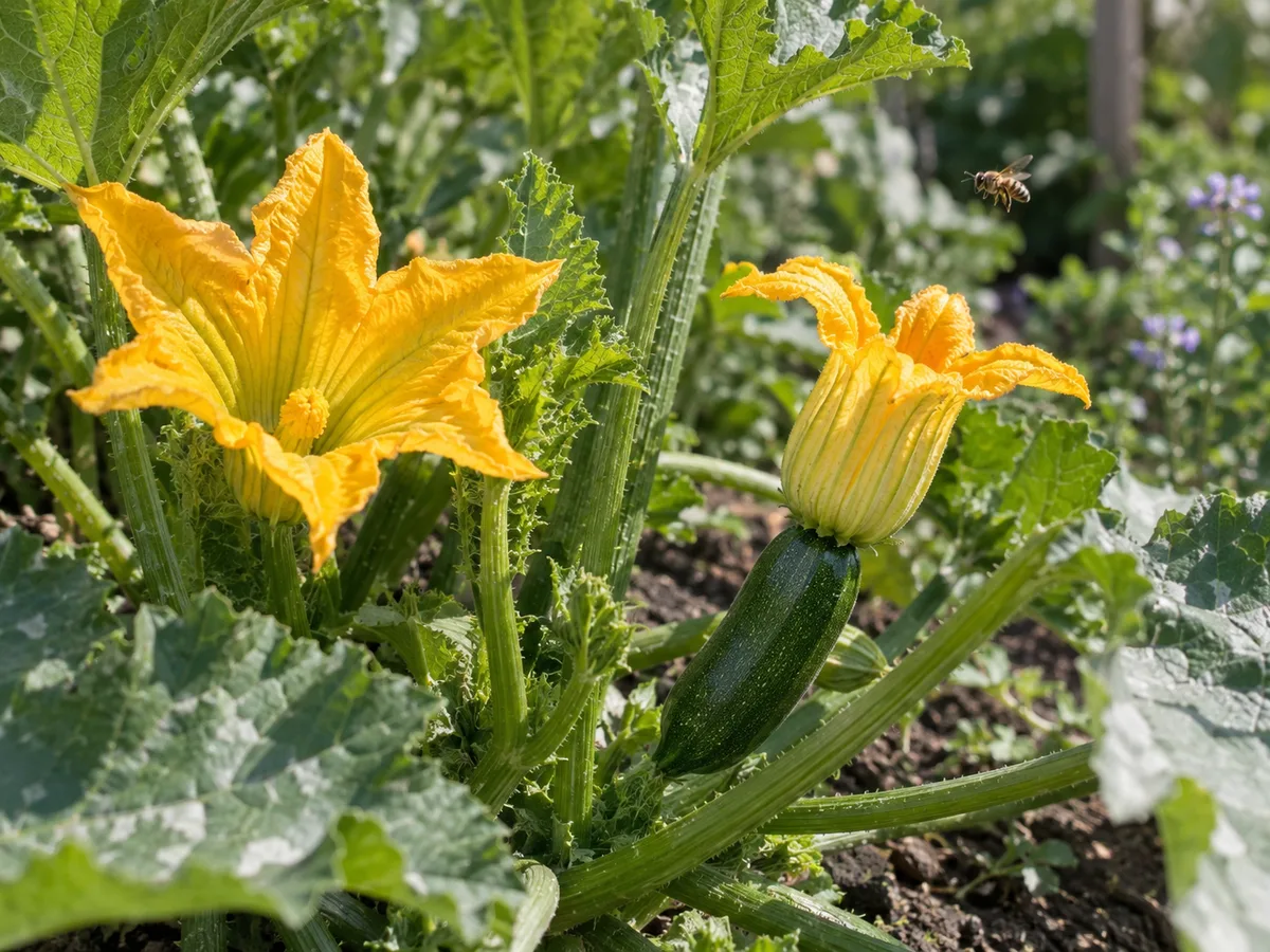 A newly opened female zucchini flower with an immature fruit at its base