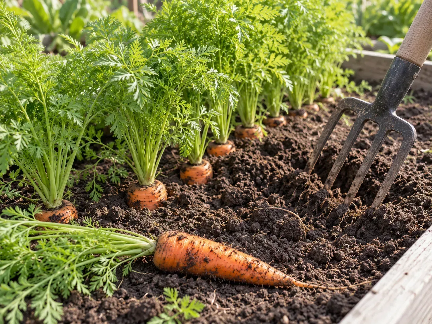 A mature carrot and a garden fork in loose soil, showing the harvest end of a cool-season crop